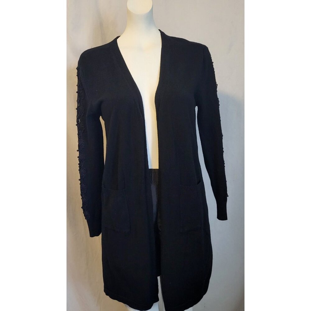 Luna Classy Knee Length Medium Cardigan Long Sleeve Lace Black w/Pockets NWOT